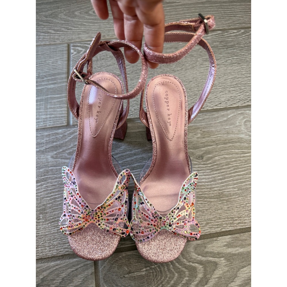 Copper Key Pink Glitter Butterfly Rhinestone Platform Block Y2K Style Heels 7.5
